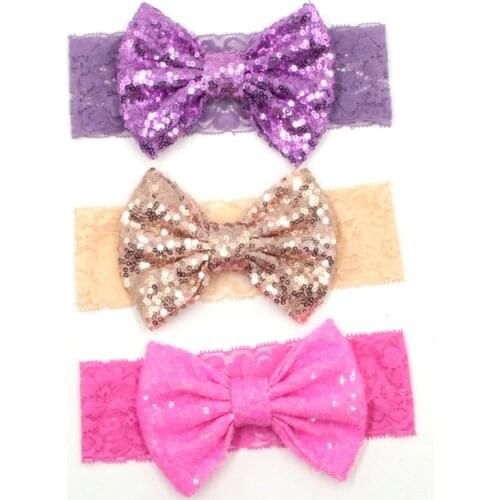 10pcs/lot 5'' Sequin Bow Lace Infantile Elastic Headband Hot-sale Elastic Kids Girl DIY Hair Accessories Headwear Headwrap
