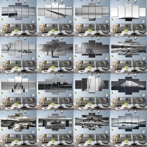 5 Pieces HD Printed Landscape Black & White Canvas Painting Modern Art View Wall Art Pictures for Living Room Dining Decoration
