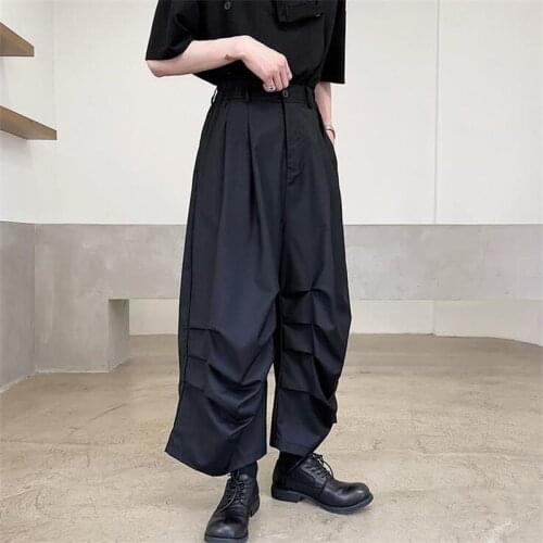 Mens summer new three-dimensional tailoring personality 100 pleated loose wide leg pants fashion mens casual loose large pants