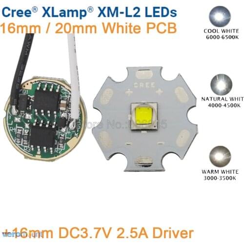 Cree XML2 XM-L2 T6 Cool White Warm White Neutral White 10W LED Emitter 20mm Black or White PCB with DC3.7V 2.5A 5 Mode Driver
