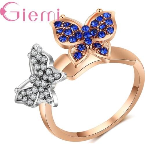 Hot Sale Exquisite Double Colorful Butterfly Shape Braid Setting Blue CZ Stone For Woman Festival Gift Rose Gold Ring