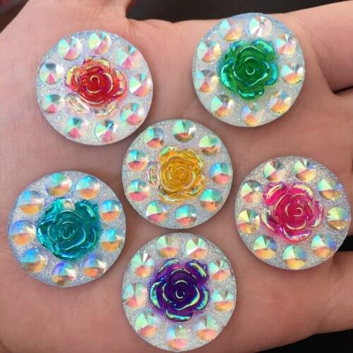 DIY 12PCS 24mm AB Resin round shape rose Rhinestone Flatback Wedding diy Button D77