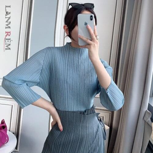 LANMREM Womens Long Sleeve Turtleneck 2021 Summer Autumn T-shirt New Loose Pleated Shirts Female Casual Top Clothing 2D7041
