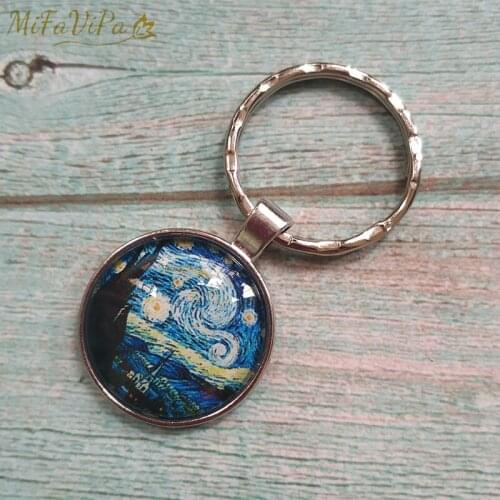 MiFaViPa 1 PC Van Gogh Keychain Men Fashion Glass Convex Keyring Starry Night Jewelry Sunflower Fashion Pendant Gift Key Chains