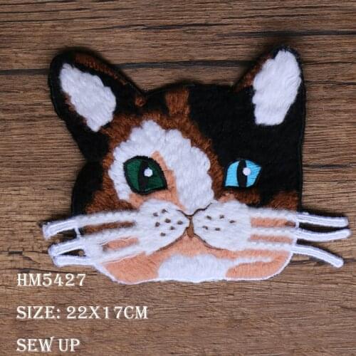Cute Blue Green Eyes Cat Chenille Icon Mixed Towel Embroidery Applique Patch for Clothing DIY Sew up Badge on the Backpack