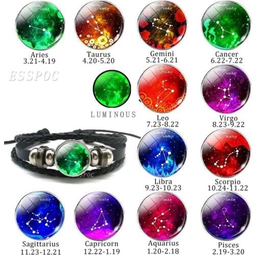 Fashion Glow In The Dark Bracelet Starry Sky 12 Constellation Bracelet Multilayer Woven Glass Punk Leather Luminous Bracelet
