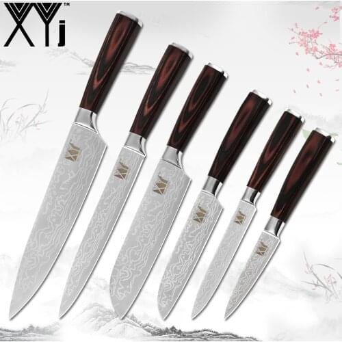 XYj High Grade 7Cr17 Stainless Steel Kitchen Knife Set Damascus Fruit Utility Santoku Slicing Chef Kitchen Knives Cooking Sets