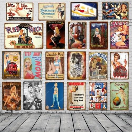 Pin Up Girl With Bowl Metal Signs Poster Car Beer With Sexy Lady Metal Plaque Wall Painting Stickers For Pub Bar Club Home Decor