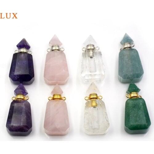 Natural gems Perfume Bottle Pendant Facted pointed cover Essential Oil Diffuser Prism Cap vial Rose quartzs crystal necklace