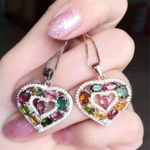 Natural tourmaline charms pendant Heart Style For your Love Girl Free shipping 925 sterling silver Fine jewelry gems