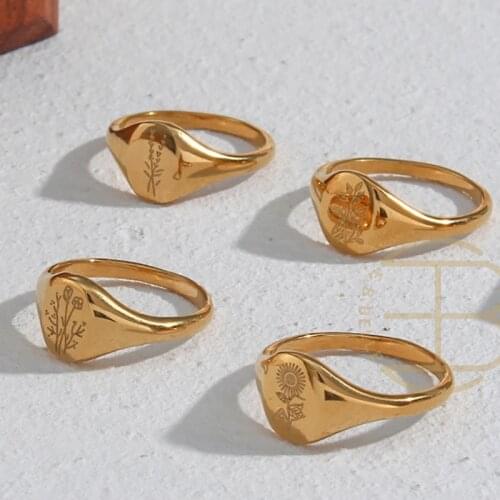 Handmade Tarnish Free Stainless Steel 18k Gold Plated Engraving Wildflower Tea Leaf Lavender Sunflower Signet Rings For Women