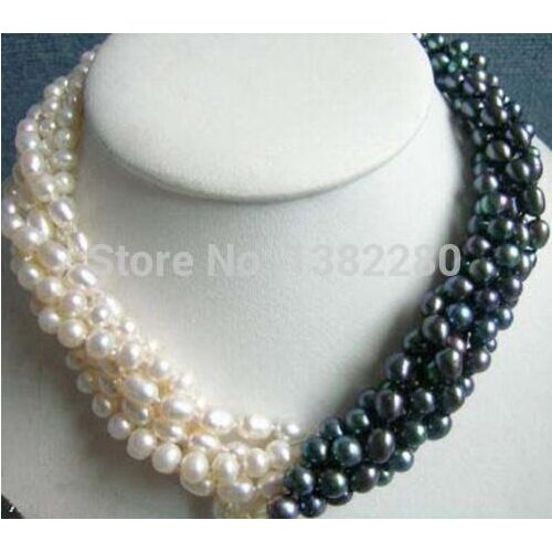 Selling Jewelry>>>New Arrival 5rows 7-8mm White&black Pearl Necklace Chain 18inch Women Girl Fashion Jewelry Design Make