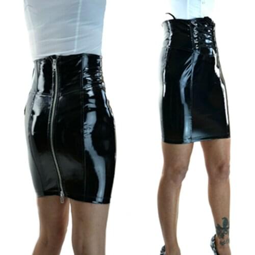Sexy Bandage Lace Up Black Wet Look PVC Faux Leather Mini Skirt Latex Zipper Bodycon Pencil Skirts Nightclub Clubwear