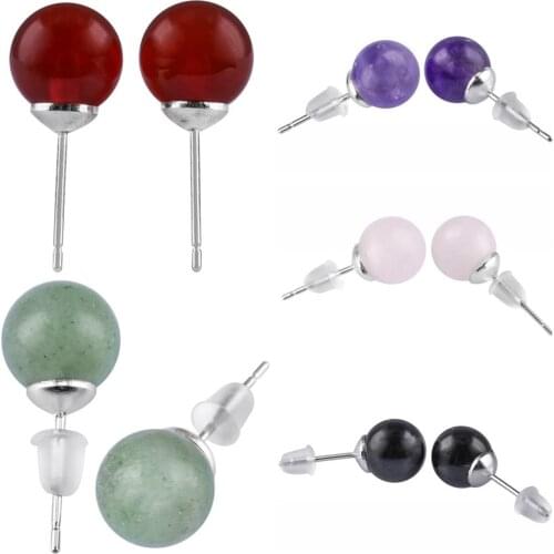 TUMBEELLUWA 8mm Natural Gem Stone Round Ball Beads Stud Earrings with Sliver Ear Pin for Women Girls Simple Fashion Jewelry