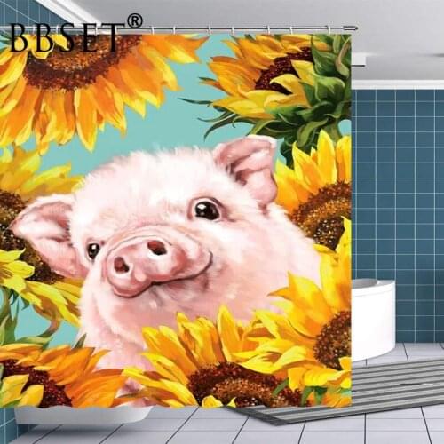 Funny Animals Shower Curtain Funny Pig In Sunflower Pattern Waterproof Multi-size Douchegordijn Bathroom Decor with 12 Hooks