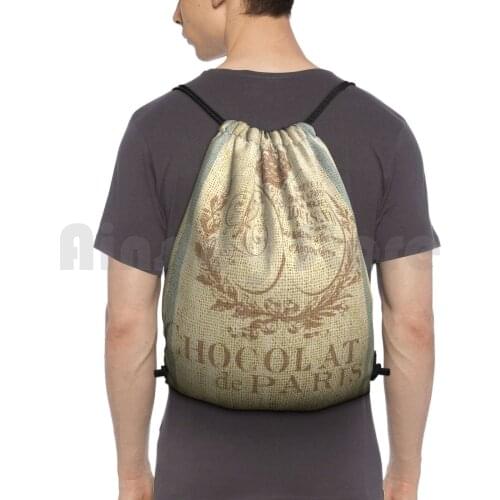 Bonjour !-Faux Grain Sack [ Chocolat De Paris ] Backpack Drawstring Bags Gym Bag Waterproof Paris Grain Sack Faux Burlap