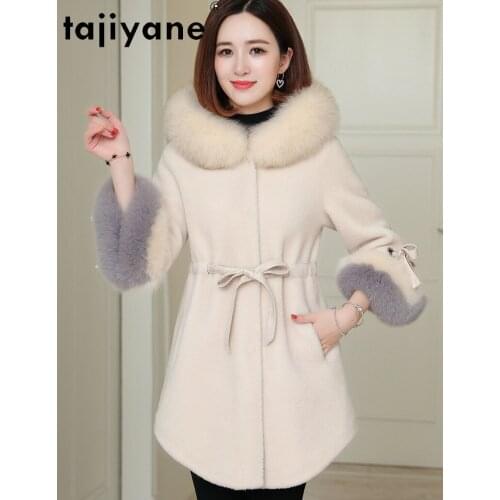 Tajiyane Womens Jacket 2020 Women Real Fur Coat Woman 100% Jackets Female Fox Fur Collar Hooded Coats Slim Mujer Parkas TN1406