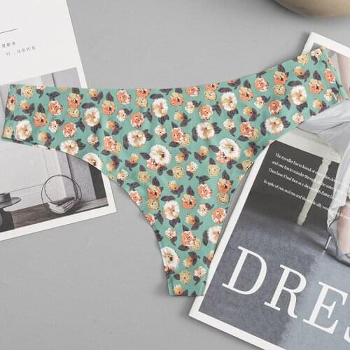 LONKKO Womens Floral Panties Bikini Thongs Print Low-waist Female Sexy Underwear Ice Silk Seamless Briefs Plus size Lingere