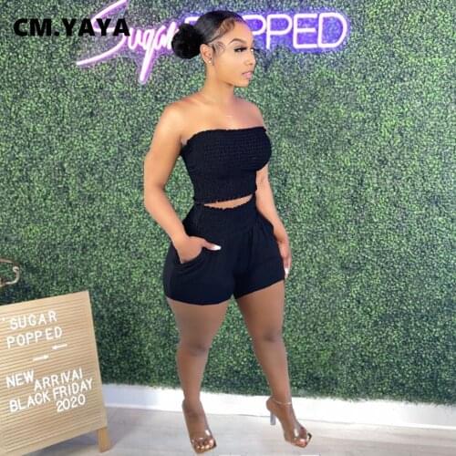 CM.YAYA Women Set Solid Sleeveless Strapless Crop Tops Pockets Shorts Two 2 Piece Sets Sexy Tracksuit Fashion Outfit Summer 2021