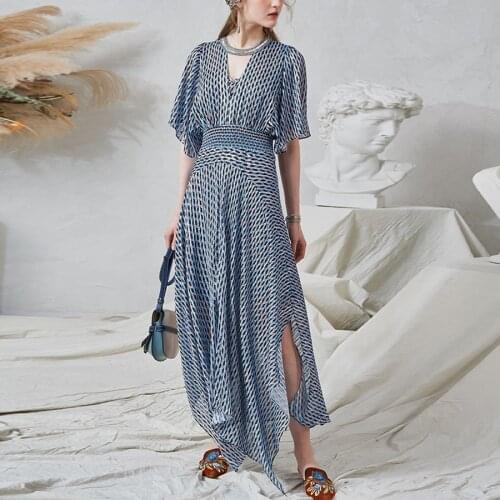 TEELYNN blue stripes chiffon maxi dresses women summer 2020 vintage deep v neck brand vestidos Irregular hem split long dress