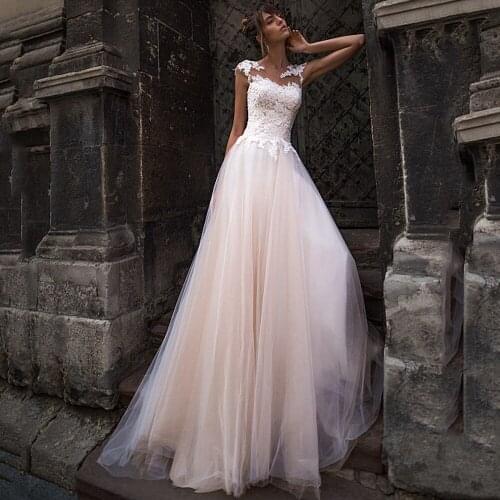 Cap Sleeve Appliques Lace Scoop Buttons Tulle A-Line Wedding Dress 2021 Bridal Gown Vestido De Novia