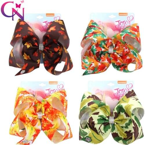 CN 8Pcs/lot 8" Jojo Bows For Girls/ Jojo Siwa Maples Printed Hair Bows With Clips Rhinestone Bow Knot Hair Clip Hair Accessories