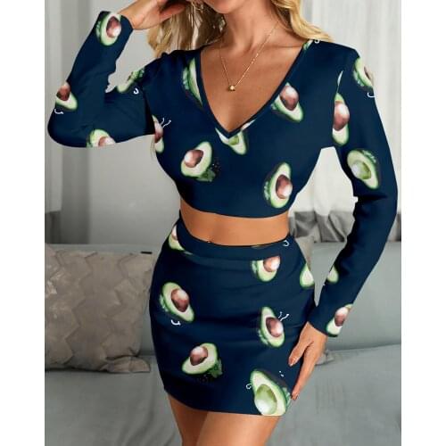 BKLD 2 Piece Matching Set Autumn Clothes For Women Print Long Sleeve Crop Top Bodycon Mini Skirt Set Women Sexy Club Outfits