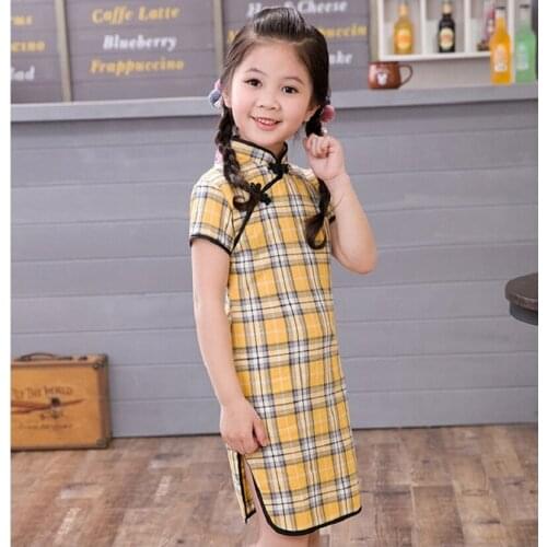 Plaid Baby Girls chinese traditional dress Short qipao cheongsam New Year Party Summer Cotton Dresses