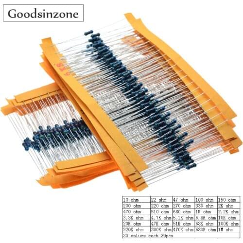 Resistor kit,600pcs Electronics 1/4W Metal Film Resistor kit 1% 30 Value 1/4w resistors Pack Metal Film Full Range resistors Kit
