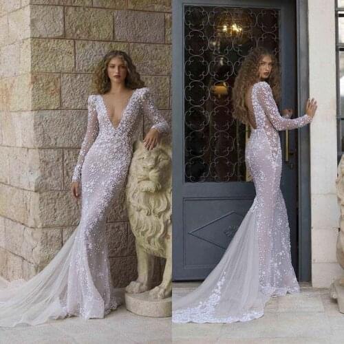 New Illusion Beads Mermaid Wedding Dresses Sexy Deep V Neck Full Sleeve Bridal Gowns Backless Lace Appliques robes de mariée