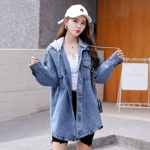 Plus Size Denim Jackets Women Hooded Loose Korean New Spring Shirt Collar With Pockets Female Windbreaker Outerwear
