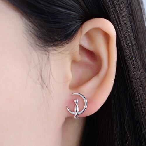 Hot Sale Genuine 100% 925 Sterling Silver Earrings Fashion moon cat Animal Stud Earrings for Women & Girl Charm Silver Jewelry