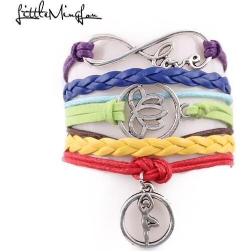 Little MingLou Infinity love Lotus flower yoga wings best frined Owl charms men bracelet leather bracelets & bangles for women