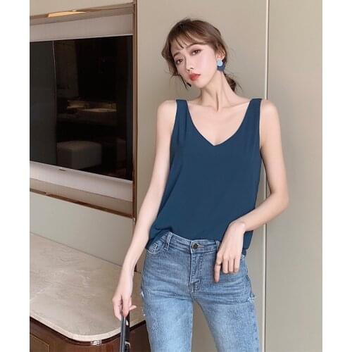 Size S-2XL Summer Women Chiffon Camisole Tops Female Polyester V-neck Loose Tanks Sleeveless Basic Solid T shirts