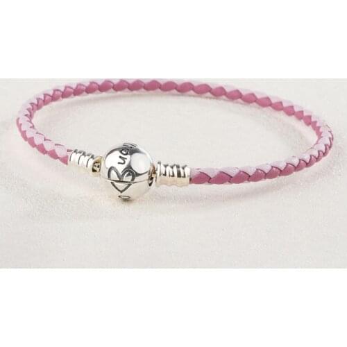 Fashion 925 Sterling Silver Round Heart Pink Braided Bracelet Charm Pendant DIY Jewelry Making For Original Pandora