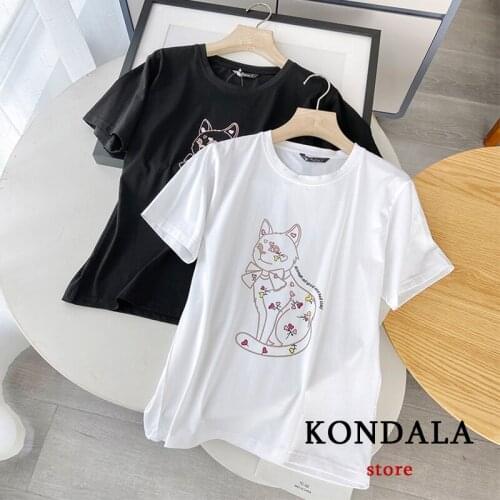 Oversized Za Carton Cat Tshirts Women Casual Summer 2021 Cotton Short Sleeve Girls T-Shirts Sweet Print Chic Mujer Tops