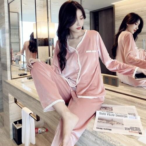 Fdfklak 2021 New Golden Velvet Sexy Pajama Set Winter V-Neck Sleepwear Pink Lace Warm Homewear Long Sleeve Pyjamas 2 Pcs