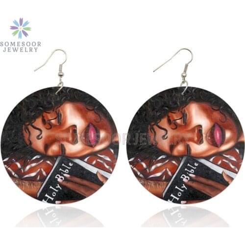 SOMESOOR Educated Black Girl African Wooden Drop Earrings Melanin Arts Printed Wood Round Pendant Dangle Jewelry For Women Gifts