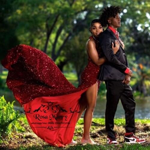 Sexy Backless Red Mermaid 2K21 Prom Dresses Cutaway Side Plus Size High Split Long 2021 Black Girls Formal Evening Party Gowns