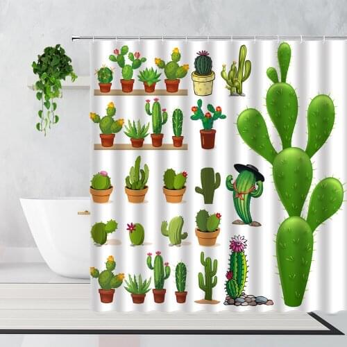 Nordic Plant Cactus Shower Curtain Flower Stand Green Potted Plants Bathroom Decoration Waterproof Bathtub Screen With Hooks Set