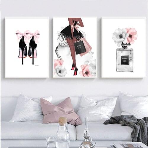 Modern Wall Art Fashion Canvas Painting Perfume Lips Poster Nordic Print High Heels Woman Pictures for Living Room Home Decor