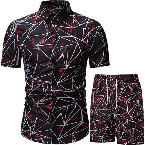 Hirigin Summer Hawaii Mens Print Tracksuit Casual Men Sports Suit holiday Shirt+Shorts 2 Piece Sets Sportswear Slim Outfits
