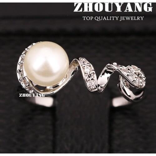 ZHOUYANG Top Quality Love Silver Color Imitation Pearls Wedding Ring Austrian Crystals Full Sizes ZYR381