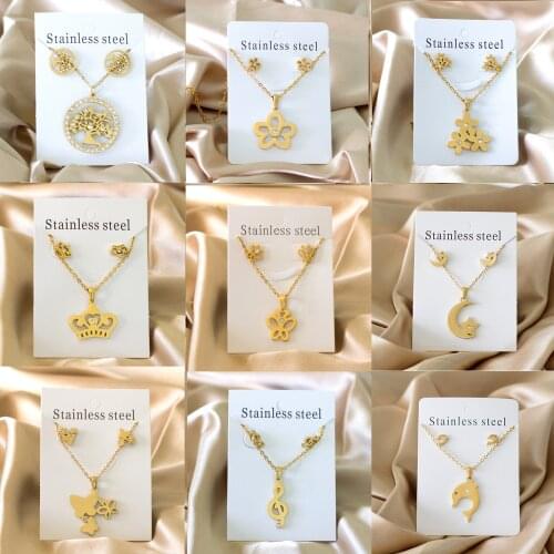 Trendy 316L Stainless Steel Starfish Pattern Pendant Necklace and Stud Earrings Jewelry Set for Women Girl Party Gift