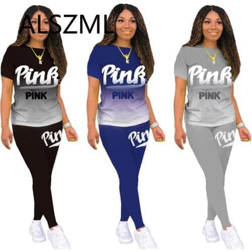 Women Pink Letter Print Tracksuit Summer O Neck Tops And Long Pant Suit 2 Pieces Outfits