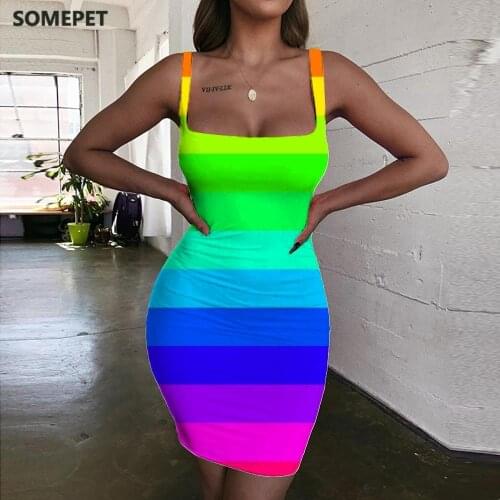 SOMEPET Rainbow Dresses Women Colorful Halter Sleeveless Novel 3d Print Art Sundress Womens Clothing Mini Evening Short Beach