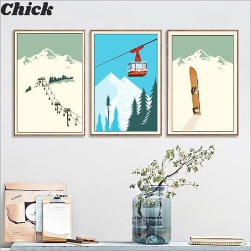 Winter Sports Skiing Art Poster Canvas Painting , Vintage Travel Poster Ski In Snow Mountain Painting Winter Home Decor