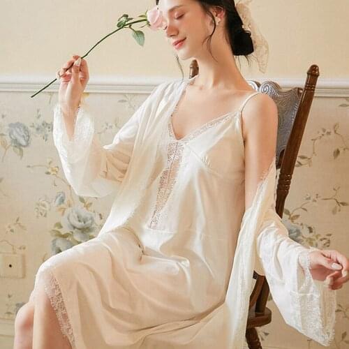 2 Piece/set Women Nightdress Set Lace Gowns & Robes Sets Vintage Elegant Nightgowns Bathrobes Sexy Sleepwear Cotton Homewear