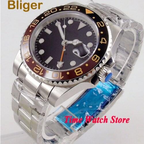 Bliger 40mm GMT 3804 black strile dial Automatic wrist watch men Sapphire glass waterproof orange luminous Ceramic Bezel 147