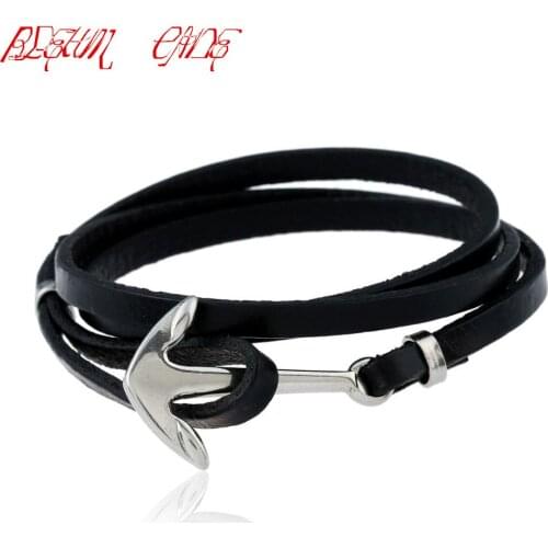 Genuine Leather Stainless Steel Anchor Design Bracelets & Bangles Male Punk Jewelry Mens Bracelet